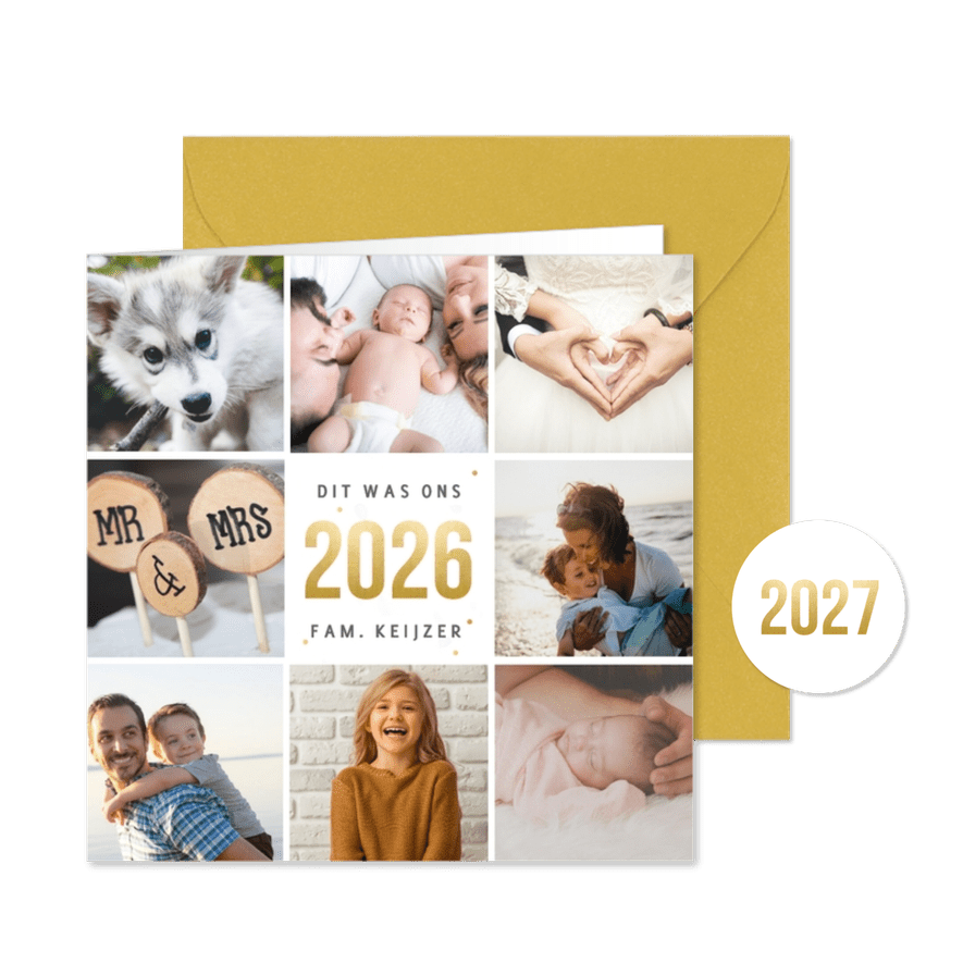 Vierkante nieuwjaarskaart fotocollage met terugblik op 2026 - Kaartimpressie