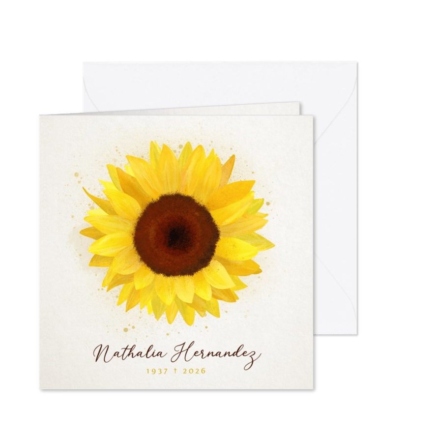 Vierkante rouwkaart met grote illustratie van zonnebloem - Kaartimpressie
