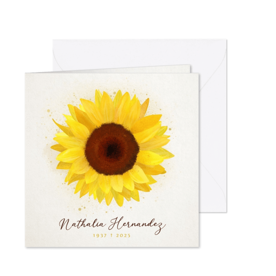 Vierkante rouwkaart met grote illustratie van zonnebloem - Kaartimpressie