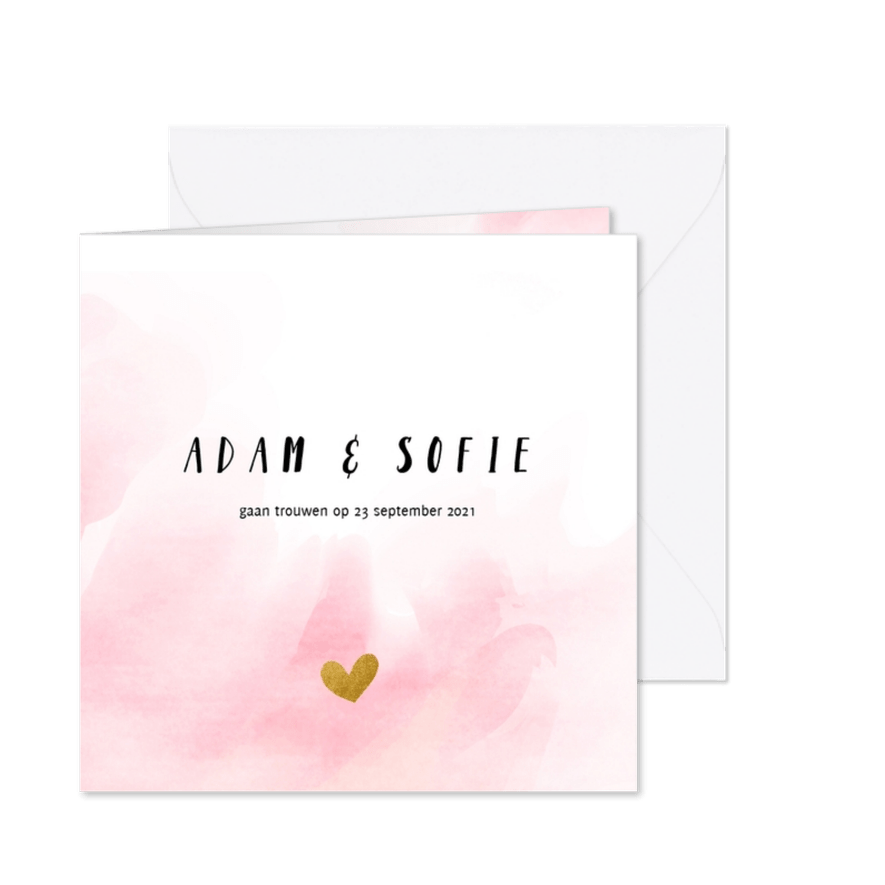 Vierkante trouwkaart met roze waterverf - Kaartimpressie