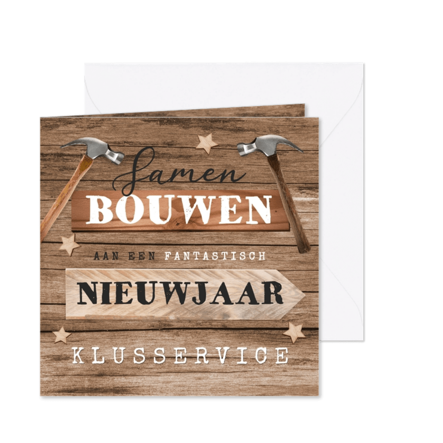 Vierkante zakelijke kerstkaart bouwbedrijf klussen hout - Kaartimpressie