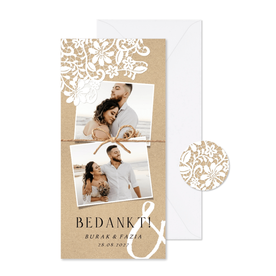 Vintage bedankkaart huwelijk foto's kraftpapier kant - Kaartimpressie