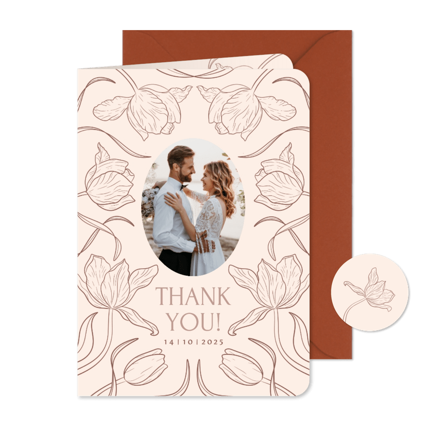 Vintage beige bedankkaart bruiloft met sierlijke bloemen - Kaartimpressie