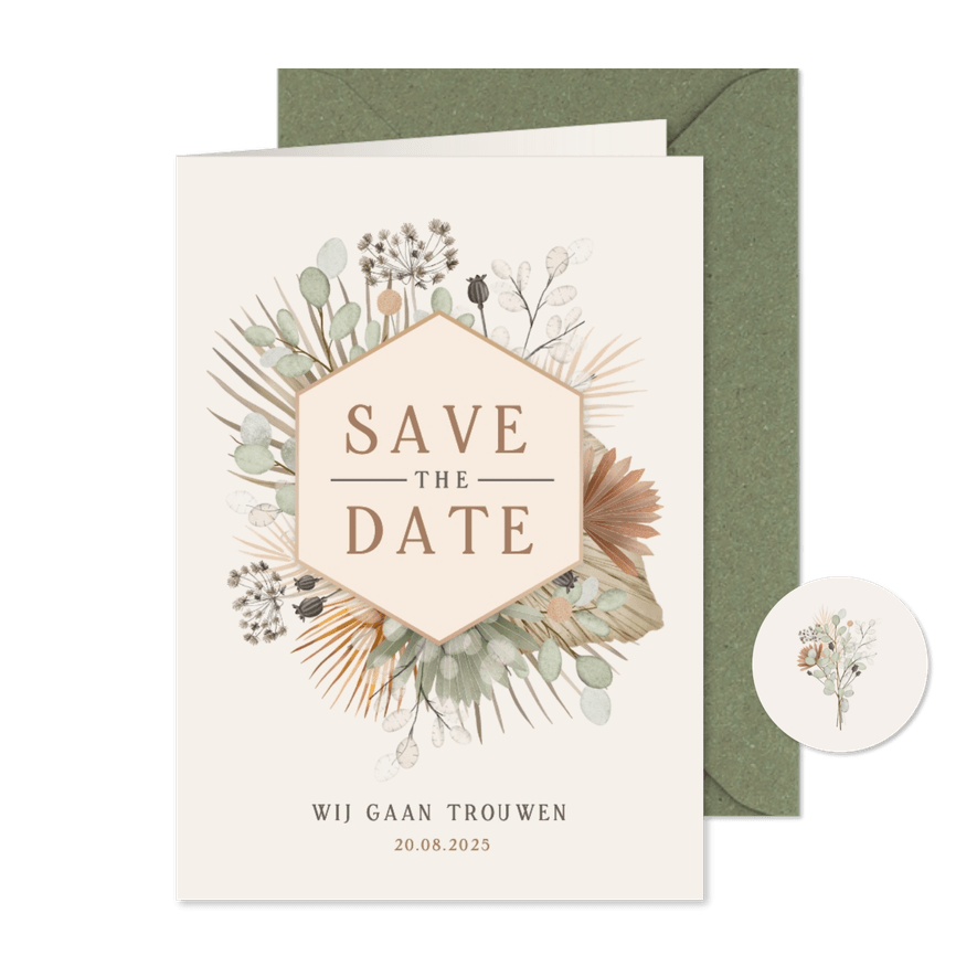 Vintage bohemian Save the Date kaart met droogbloemen  - Kaartimpressie