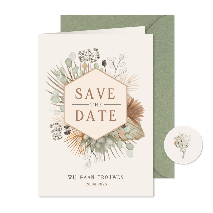 Vintage bohemian Save the Date kaart met droogbloemen  - Kaartimpressie