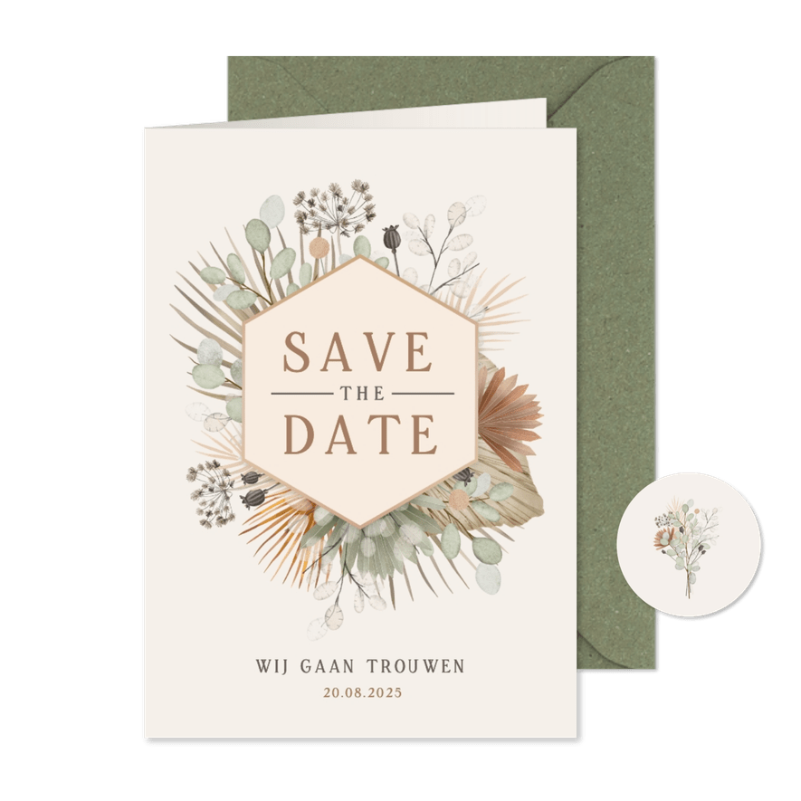 Vintage bohemian Save the Date kaart met droogbloemen - Kaartimpressie
