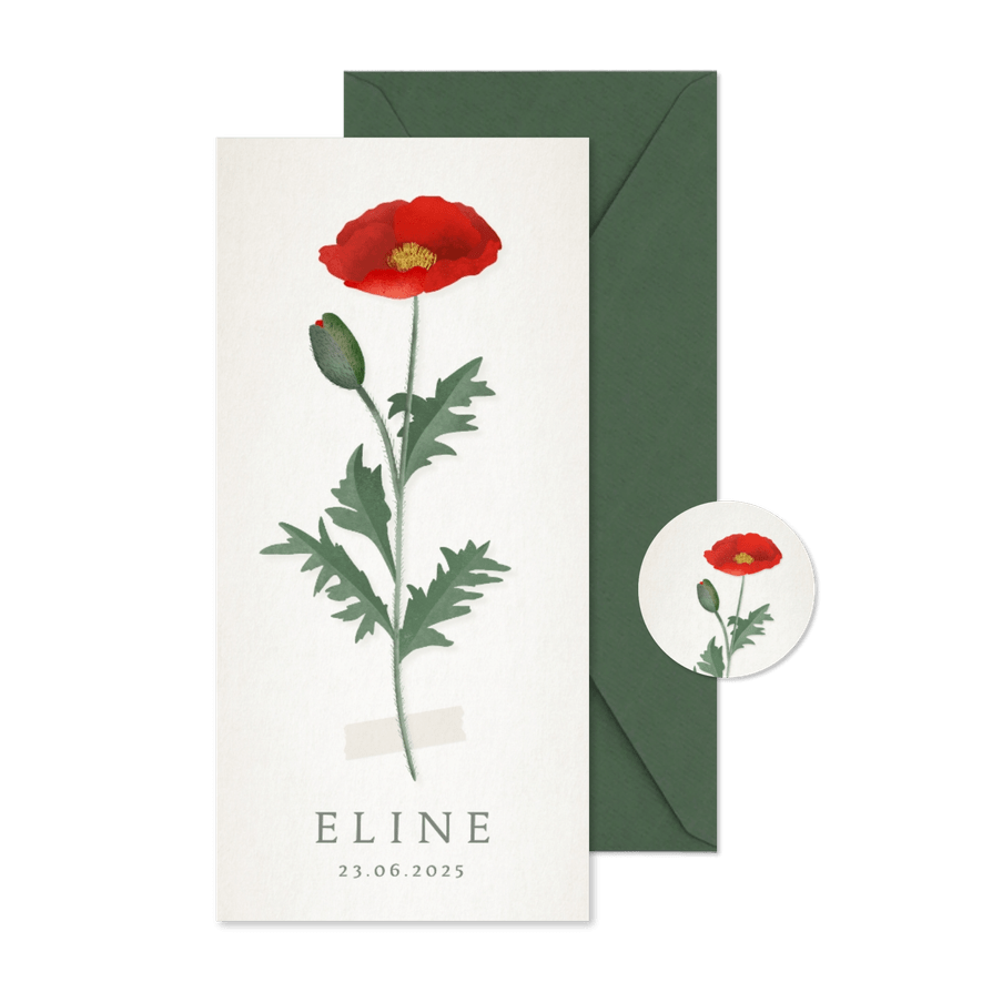 Vintage botanisch geboortekaartje met klaproos illustratie - Kaartimpressie