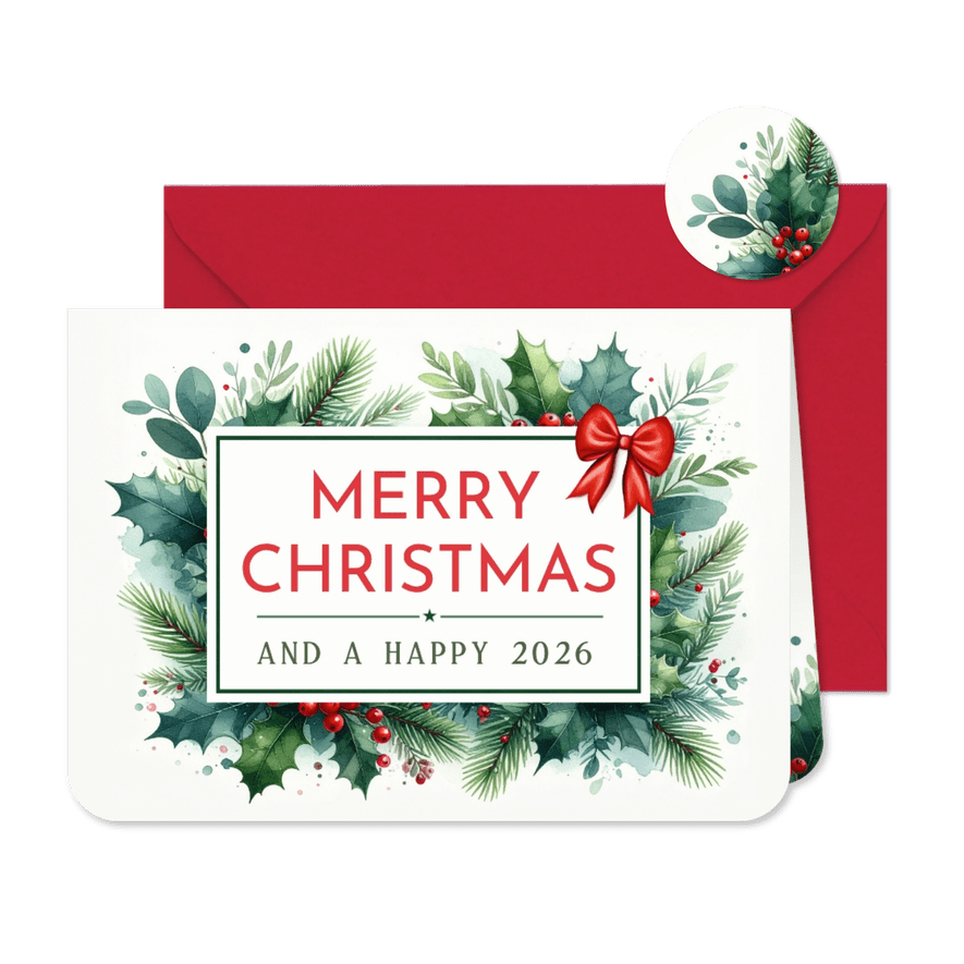 Vintage botanische kerstkaart met kersttakjes en strik - Kaartimpressie