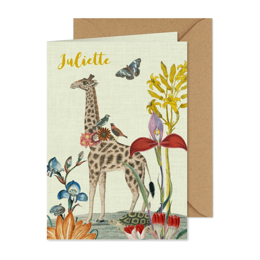 Vintage geboortekaartje met giraffe en bloemen - Kaartimpressie