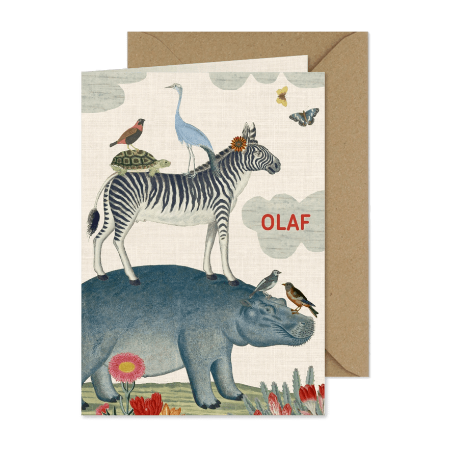 Vintage geboortekaartje met vrolijke stapel van dieren - Kaartimpressie