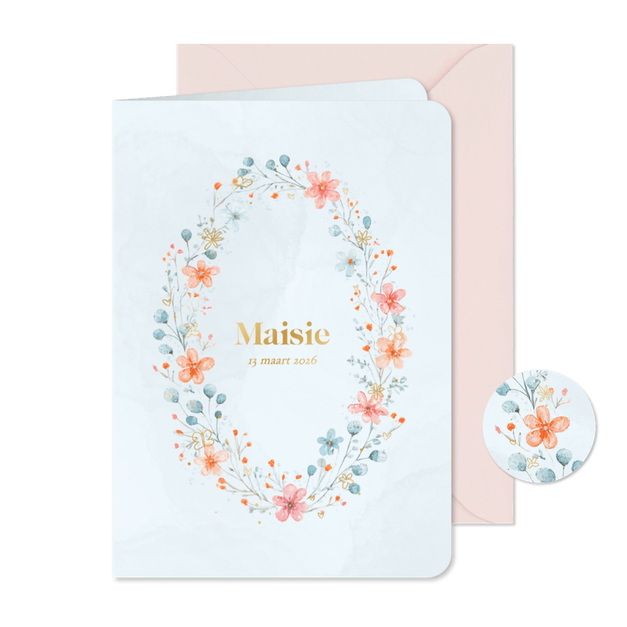 Vintage geboortekaartje met waterverf bloemen en goud - Kaartimpressie