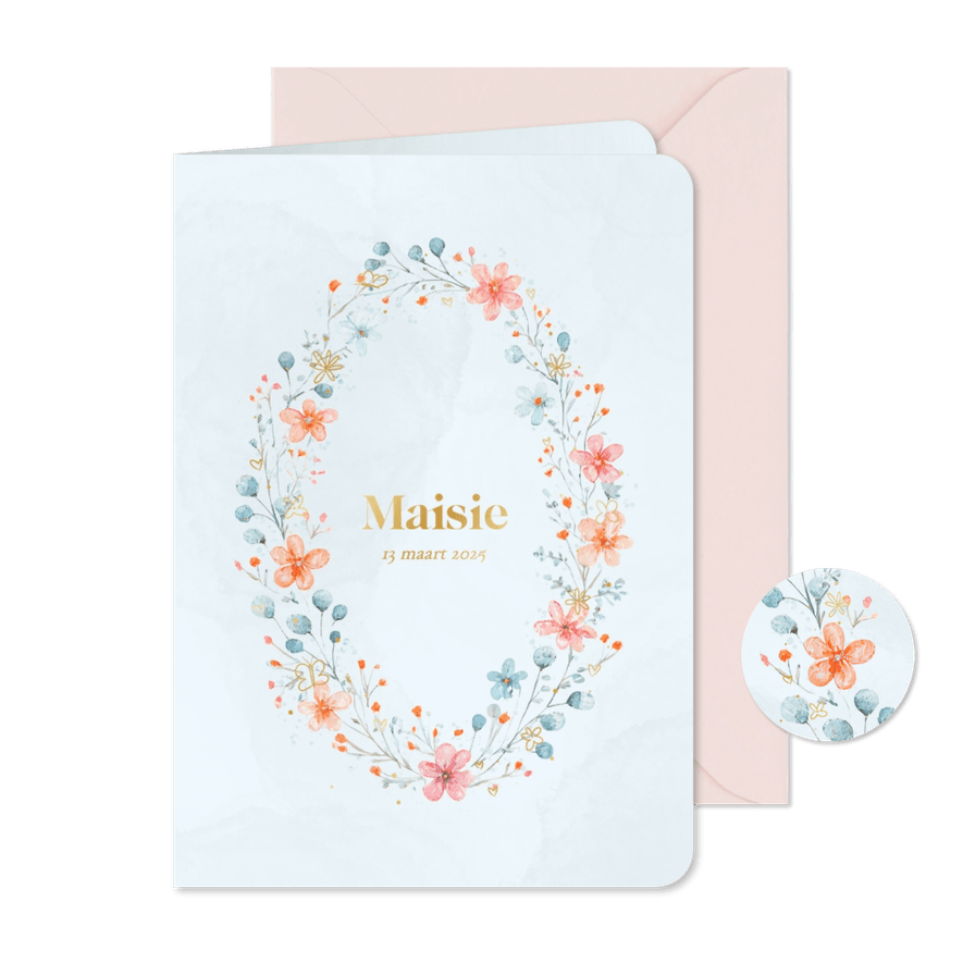 Vintage geboortekaartje met waterverf bloemen en goud - Kaartimpressie