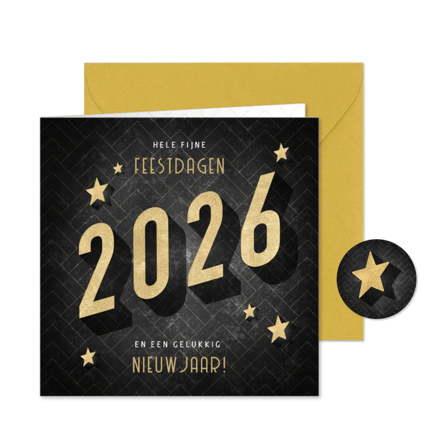 Vintage kerstkaart goudlook 2026, sterren en patroon - Kaartimpressie