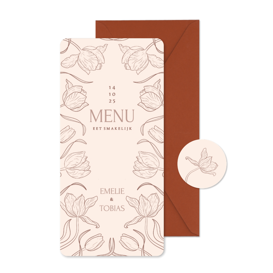 Vintage menukaart bruiloft met sierlijke bloemen beige - Kaartimpressie