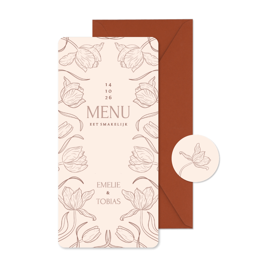 Vintage menukaart bruiloft met sierlijke bloemen beige - Kaartimpressie