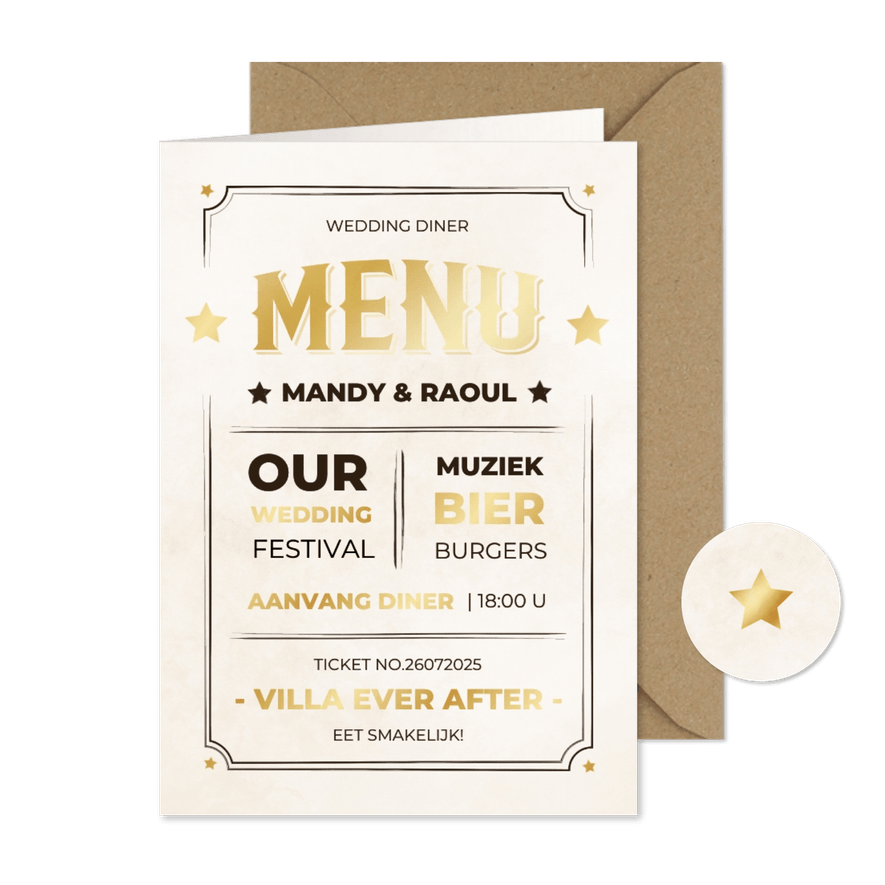 Vintage menukaart ticket vintage stijl met goud - Kaartimpressie
