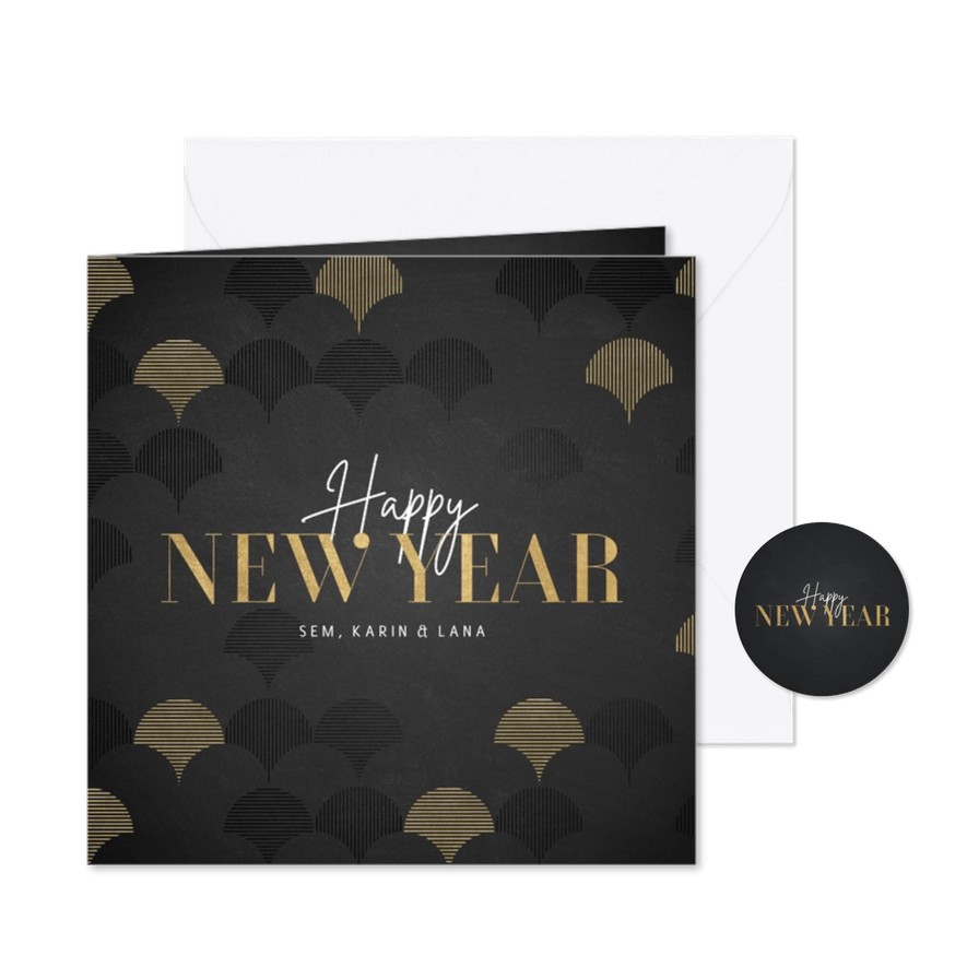 Vintage nieuwjaarskaart met goudlook patroon Happy New Year - Kaartimpressie