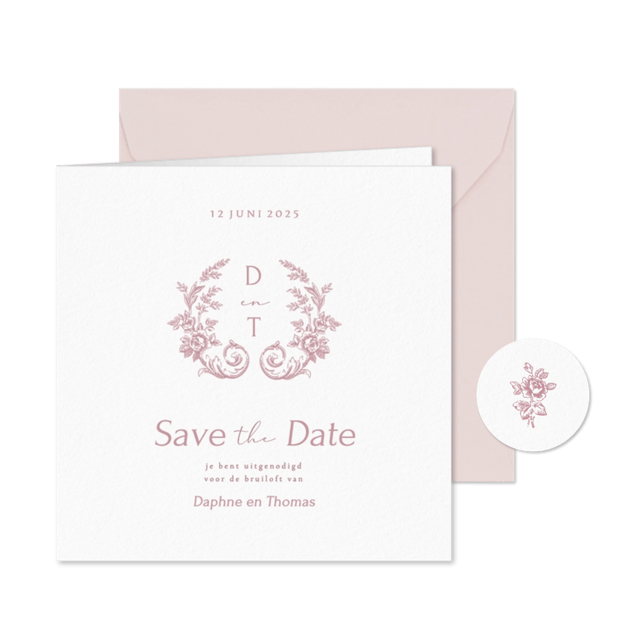 Vintage trouwkaart save the date met roze rozen - Kaartimpressie