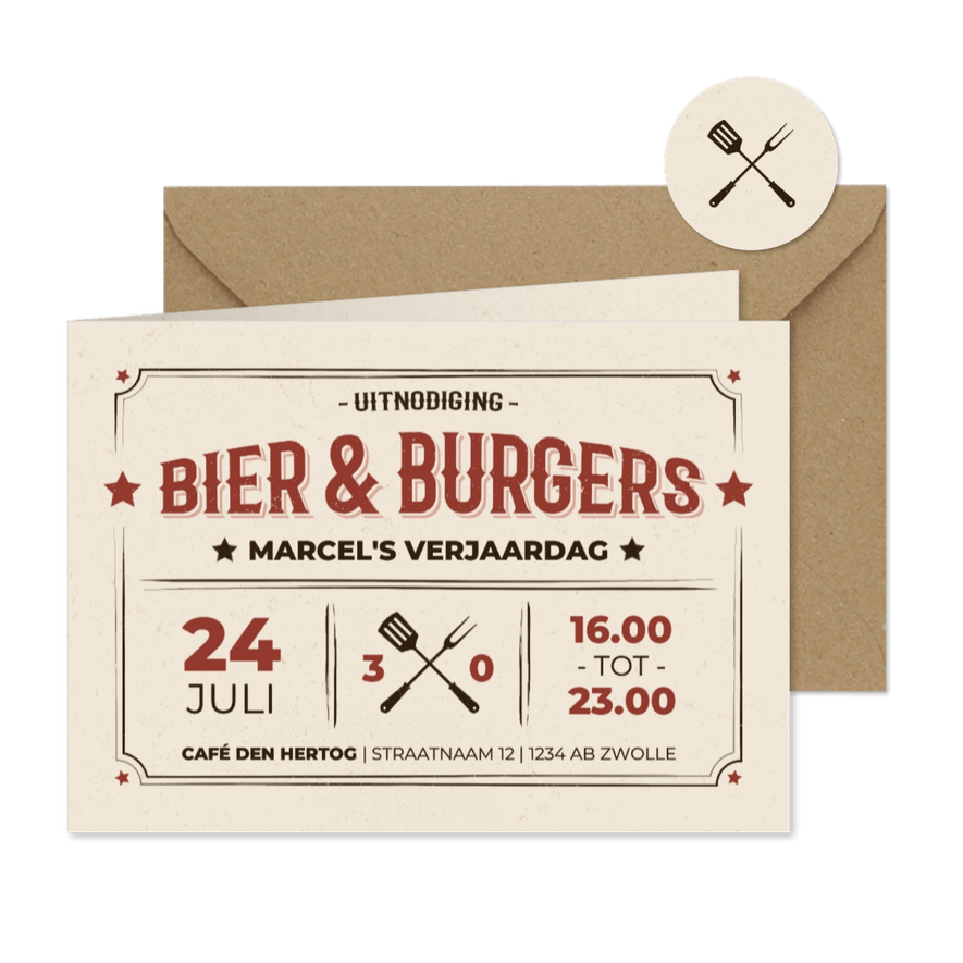 Vintagestijl uitnodiging bier & burgers beige - Kaartimpressie
