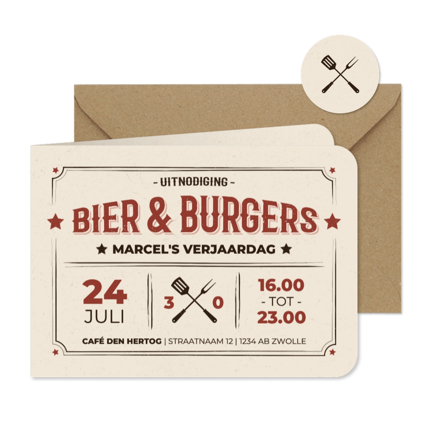 Vintagestijl uitnodiging bier & burgers beige  - Kaartimpressie