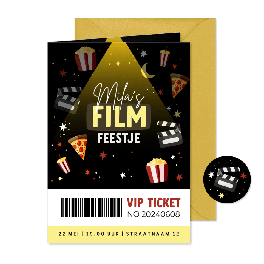 VIP ticket filmfeestje pizza popcorn en sterren - Kaartimpressie