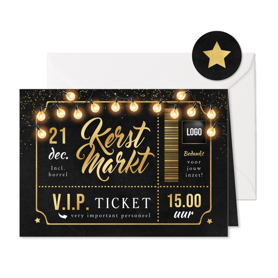 VIP ticket kerstmarkt borrel personeel goud lampjes - Kaartimpressie