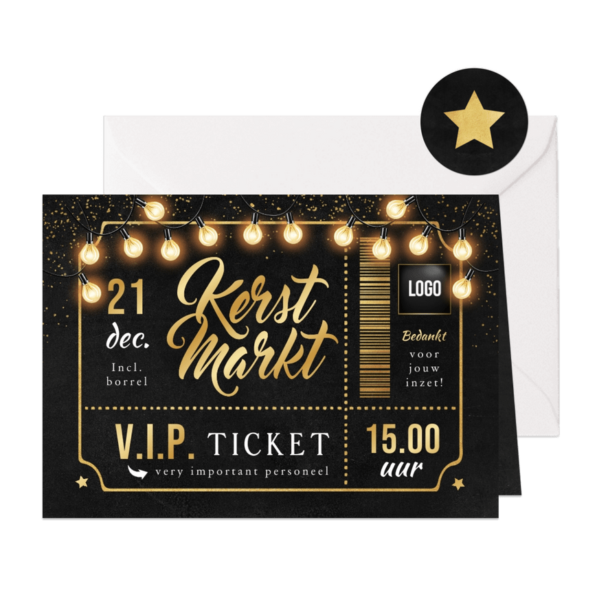 VIP ticket kerstmarkt borrel personeel goud lampjes - Kaartimpressie