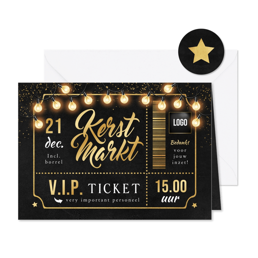 VIP ticket kerstmarkt borrel personeel goud lampjes - Kaartimpressie