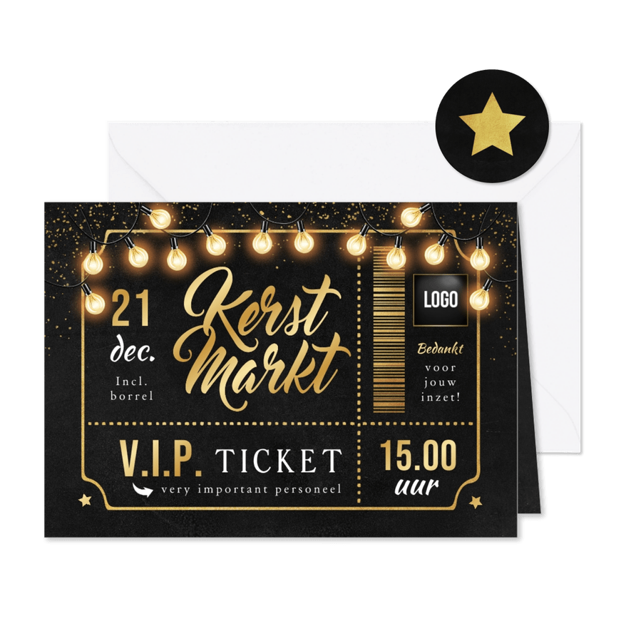 VIP ticket kerstmarkt borrel personeel goud lampjes - Kaartimpressie