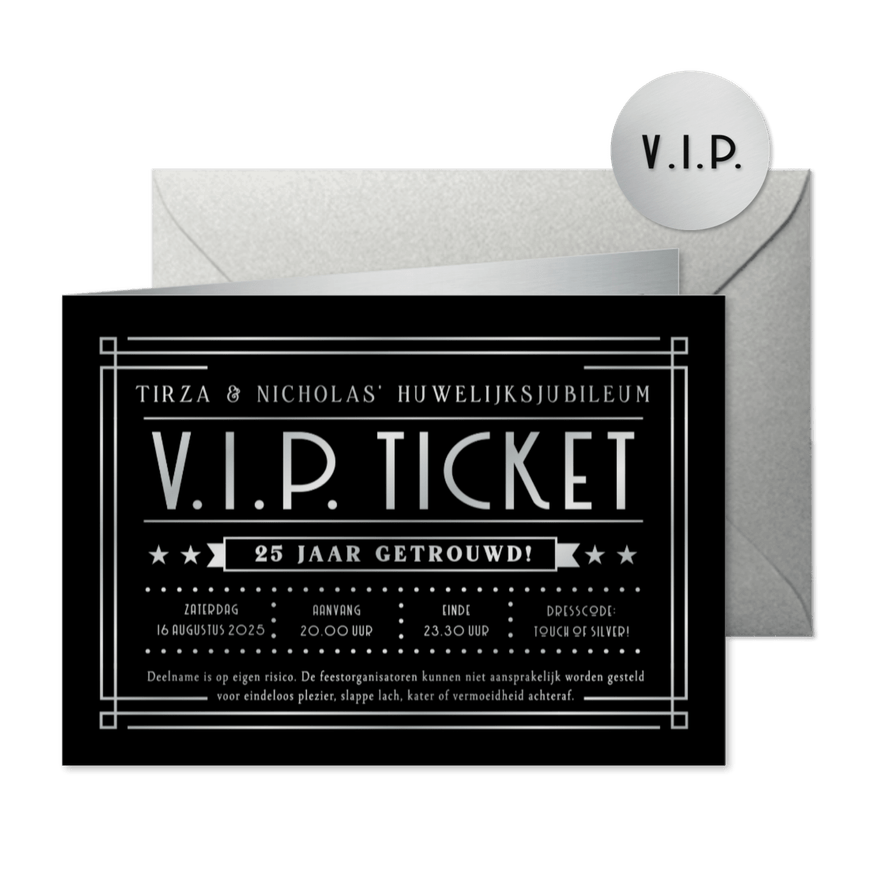 VIP ticket moderne uitnodiging zilveren huwelijksjubileum  - Kaartimpressie