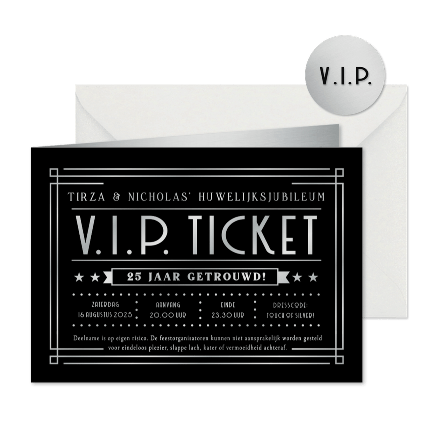 VIP ticket moderne uitnodiging zilveren huwelijksjubileum - Kaartimpressie