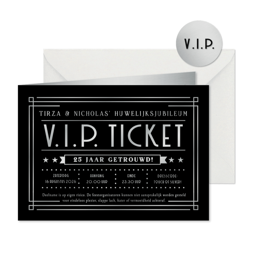 VIP ticket moderne uitnodiging zilveren huwelijksjubileum  - Kaartimpressie