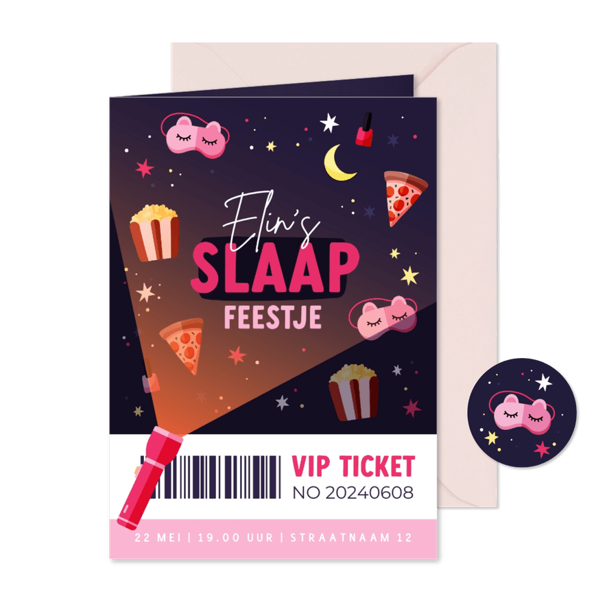 VIP ticket slaapfeestje makeup slaapmaskers en sterren - Kaartimpressie