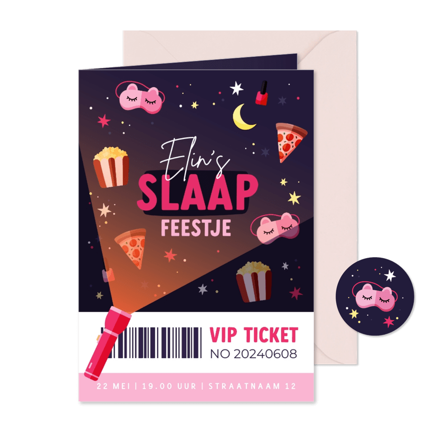 VIP ticket slaapfeestje makeup slaapmaskers en sterren - Kaartimpressie