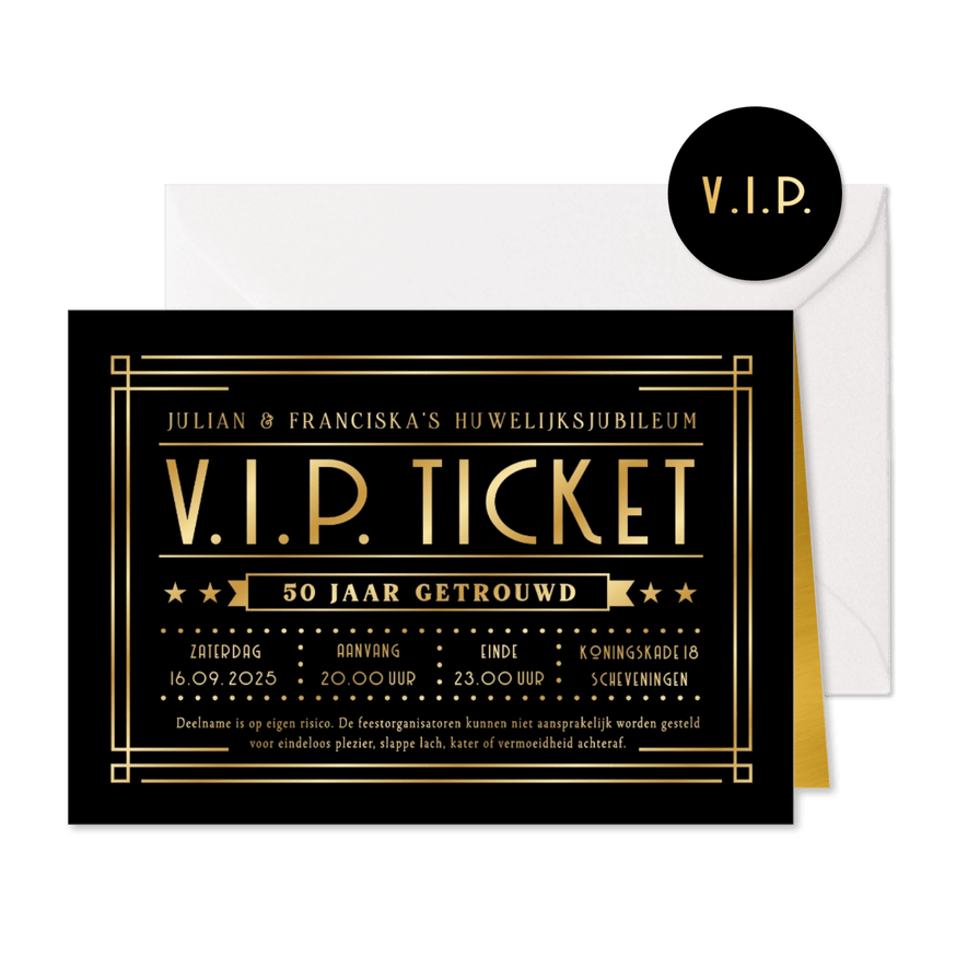 VIP ticket uitnodiging huwelijksjubileum met goudfolie druk - Kaartimpressie