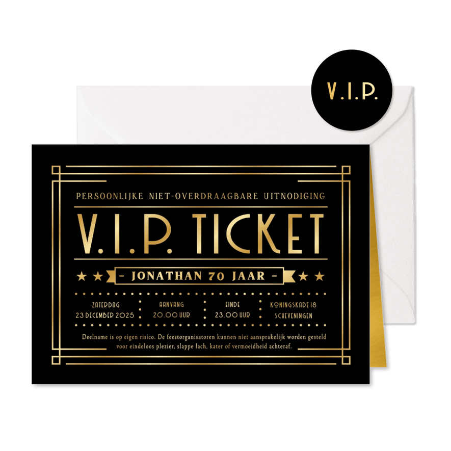 VIP ticket uitnodiging verjaardag feest met goudfolie print - Kaartimpressie