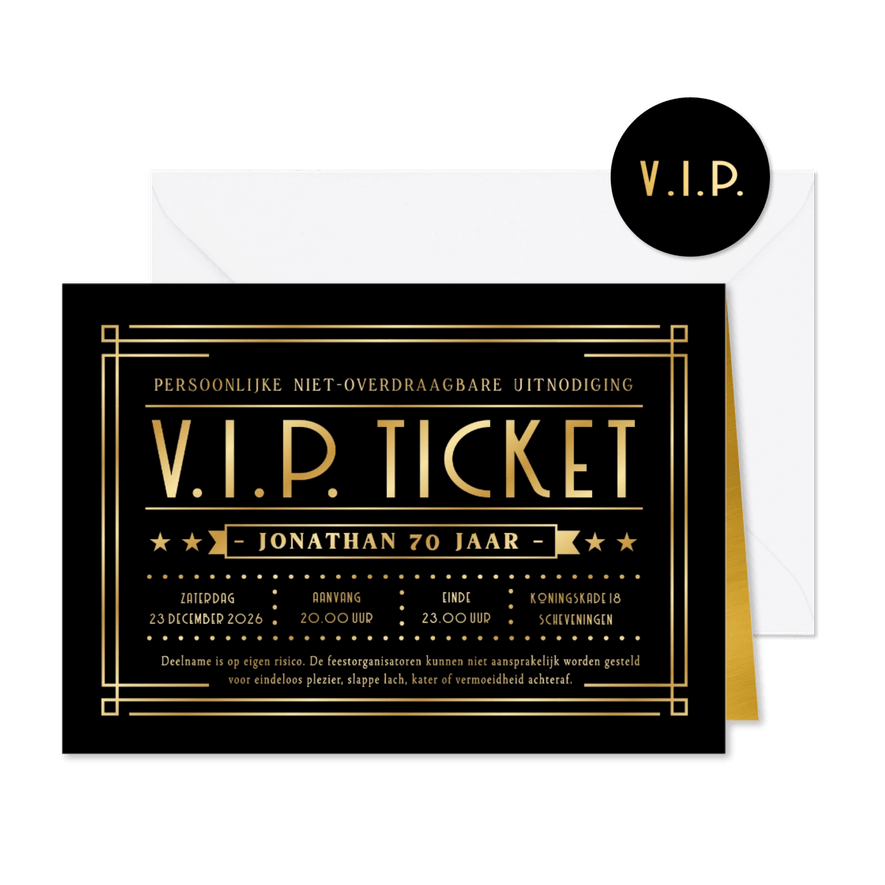 VIP ticket uitnodiging verjaardag feest met goudfolie print - Kaartimpressie