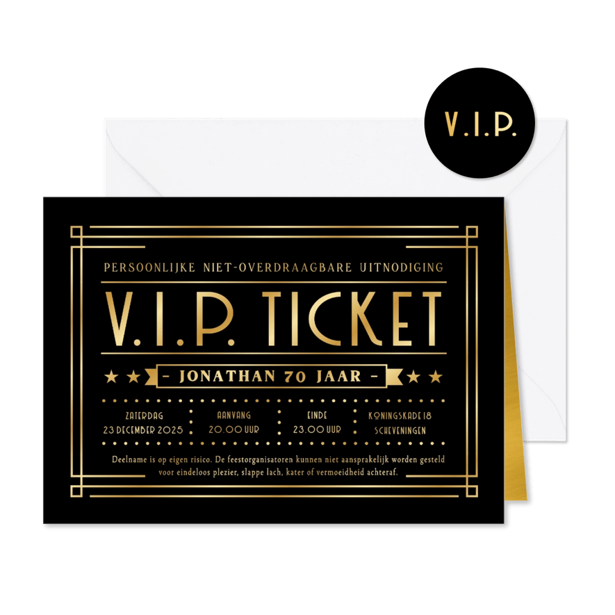 VIP ticket uitnodiging verjaardag feest met goudfolie print - Kaartimpressie