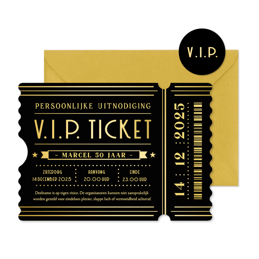V.I.P. ticket uitnodiging verjaardag feestje in ticket vorm - Kaartimpressie