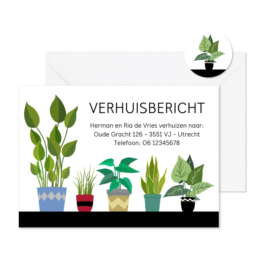 Vlotte verhuiskaart met verschillende planten - Kaartimpressie
