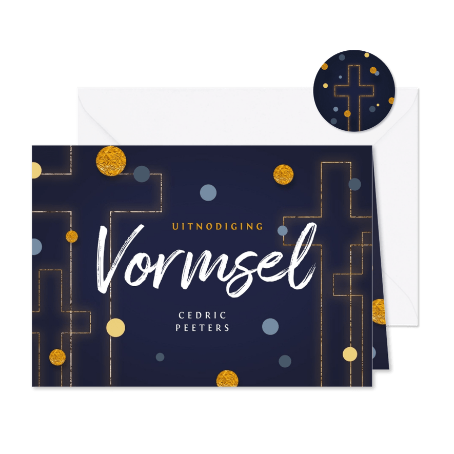Vormsel communie uitnodiging goud kruis confetti - Kaartimpressie