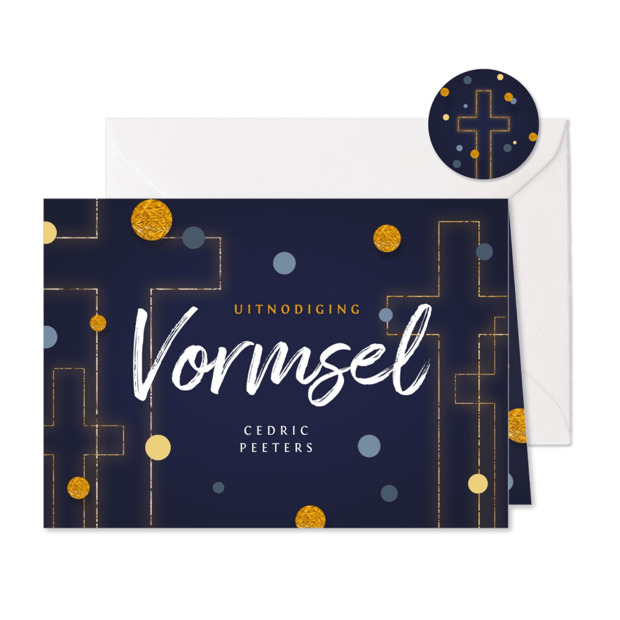 Vormsel communie uitnodiging goud kruis confetti - Kaartimpressie