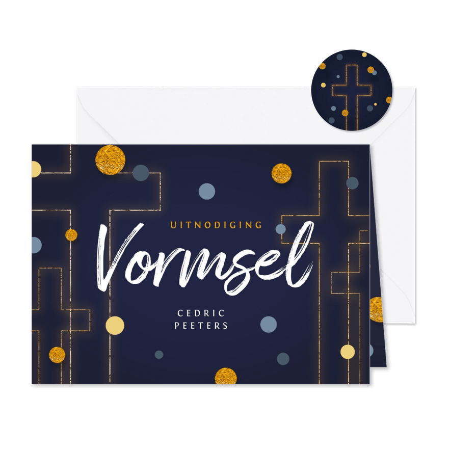 Vormsel communie uitnodiging goud kruis confetti - Kaartimpressie