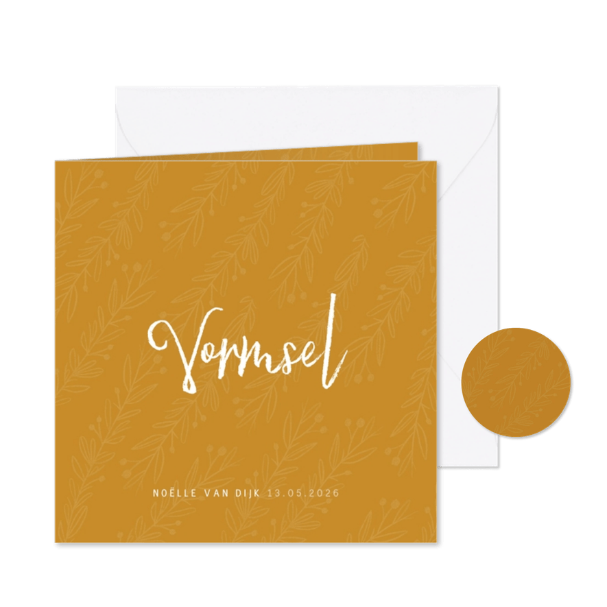 Vormsel communie uitnodiging stijlvol oker en takjes - Kaartimpressie