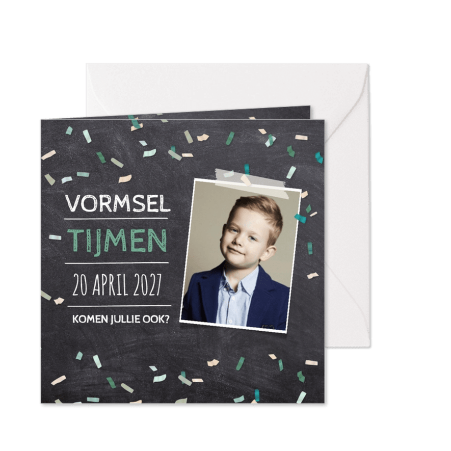 Vormsel krijtbord confetti jongen - DH - Kaartimpressie