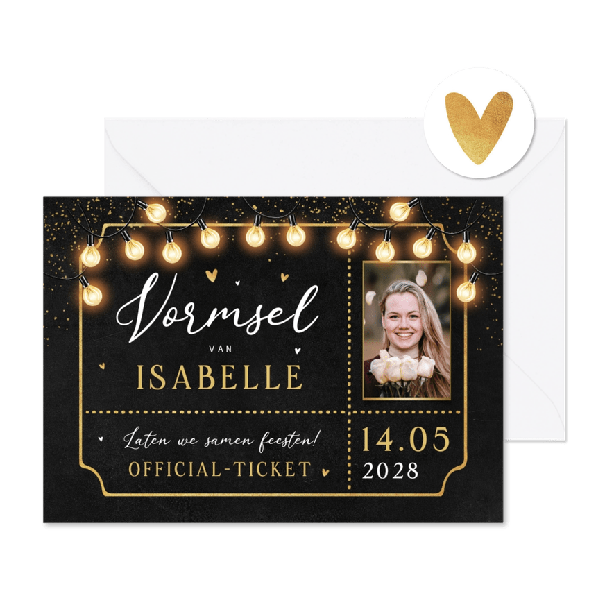 Vormsel ticket krijtbord goud lampjes hartjes foto - Kaartimpressie