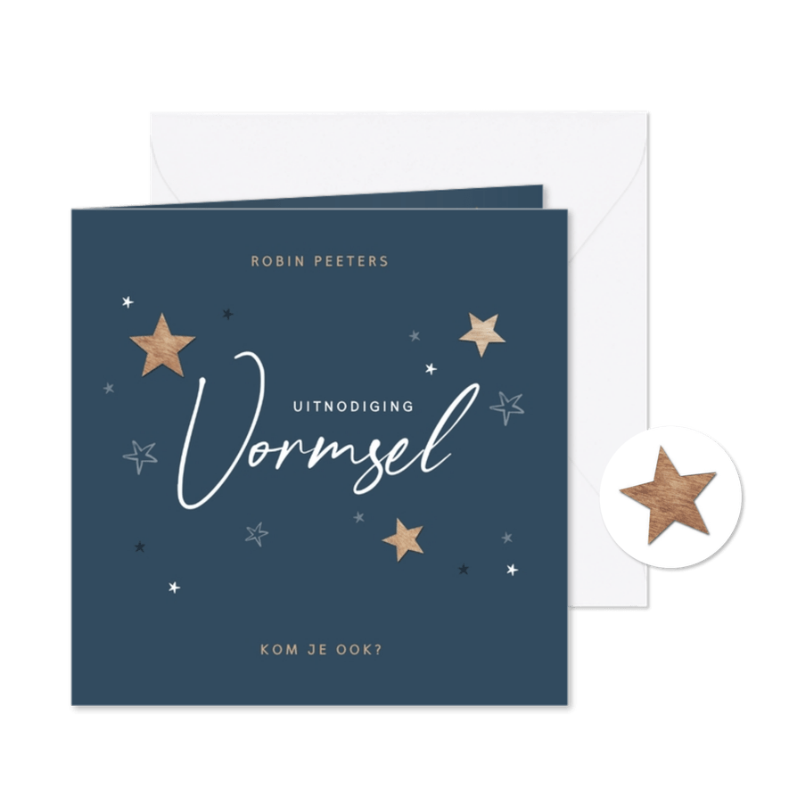 Vormsel uitnodiging jongen meisje houten sterren stijlvol - Kaartimpressie