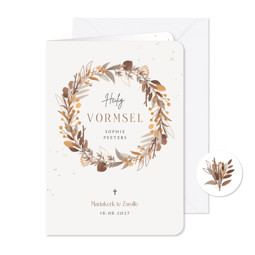 Vormsel uitnodiging krans bladeren bloemen krans - Kaartimpressie