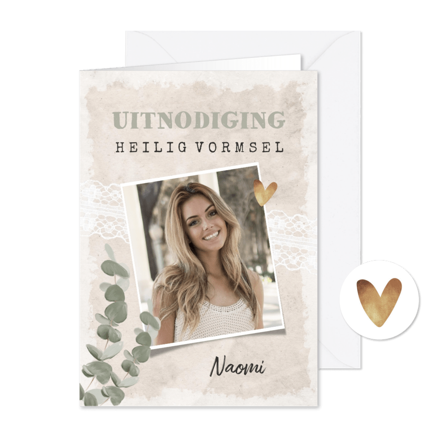 Vormsel uitnodiging vintage kant eucalyptus goud - Kaartimpressie