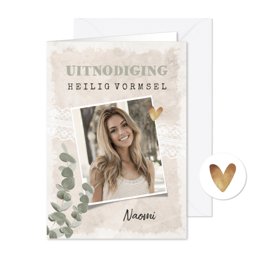 Vormsel uitnodiging vintage kant eucalyptus goud - Kaartimpressie